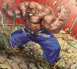 Rule 34 | 1boy, abs, alternate form, bald, beard, belt, biceps, blue pants, clenched hands, dragon ball, dragon ball (classic), emphasis lines, facial hair, fingernails, ground shatter, itadori shuu, muscular, muscular male, mustache, muten roushi, old, old man, pants, powering up, red-framed eyewear, topless male, solo, sunglasses, veins, white belt