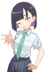 Rule 34 | 1girl, ;o, absurdres, blush, bob cut, colored inner hair, do it yourself!!, gazacy (dai), green necktie, highres, looking at viewer, multicolored hair, necktie, one eye closed, pleated skirt, red eyes, shirt, short hair, short sleeves, simple background, skirt, solo, suride miku, white background, white shirt