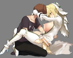 Rule 34 | 1boy, 1girl, ahoge, assisted exposure, belt, black pants, black shirt, blonde hair, bodysuit, breasts, breasts out, bridal veil, brown hair, commentary request, fate/extra, fate/grand order, fate (series), flower, from side, gloves, green eyes, grey background, hetero, high heels, hug, kishinami hakuno (male), kunabishi, large breasts, leaning back, leg lock, looking down, nero claudius (bride) (fate), nero claudius (fate), nero claudius (fate) (all), nipples, no bra, open bodysuit, open clothes, pants, puffy nipples, seiza, shirt, shoes, simple background, sitting, unzipping, veil, white bodysuit, white flower, white footwear, white gloves, zipper pull tab