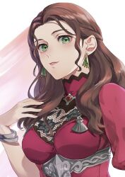 Rule 34 | 1girl, bracelet, breasts, brown hair, commentary request, dorothea arnault, dress, earrings, fire emblem, fire emblem: three houses, fire emblem warriors: three hopes, green eyes, isa (peien516), jewelry, lips, long hair, looking at viewer, medium breasts, nintendo, official alternate costume, official alternate hairstyle, parted lips, pink lips, puffy short sleeves, puffy sleeves, red dress, short sleeves, solo, wavy hair