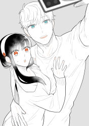 Rule 34 | 1boy, 1girl, bare shoulders, black hair, blonde hair, blush, breasts, cellphone, earrings, gold earrings, green eyes, hair ornament, hairband, hetero, highres, holding, holding phone, husband and wife, jewelry, long hair, long sleeves, looking at phone, medium breasts, monochrome, open mouth, outstretched arm, phone, red eyes, selfie, shirt, short hair, sidelocks, simple background, smartphone, smile, spy x family, sunbo zatta, taking picture, twilight (spy x family), two-sided fabric, white hairband, yor briar