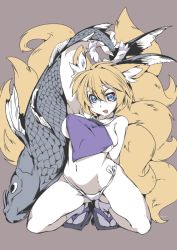 Rule 34 | 1girl, animal ears, arm up, blonde hair, blue eyes, blush, breasts, dudou, facial mark, female focus, fish, fox ears, fox tail, fundoshi, headband, japanese clothes, large breasts, looking at viewer, md5 mismatch, multiple tails, navel, sandals, short hair, solo, squatting, tabi, tail, touhou, transpot nonoko, yakumo ran