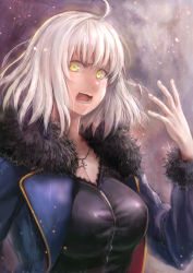Rule 34 | 1girl, breasts, commentary request, fate/grand order, fate (series), harunatsu akifumi, highres, jeanne d&#039;arc (fate), jeanne d&#039;arc alter (fate), jeanne d&#039;arc alter (ver. shinjuku 1999) (fate), large breasts, long sleeves, looking at viewer, official alternate costume, open mouth, solo, white hair, yellow eyes