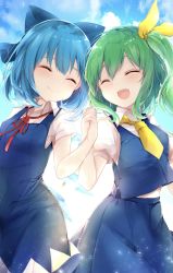 Rule 34 | 2girls, :d, ^ ^, ascot, blue bow, blue dress, blue hair, blue skirt, blue sky, bow, cirno, closed eyes, closed mouth, cloud, daiyousei, day, dress, green hair, hair between eyes, hair bow, hair ribbon, happy, highres, holding hands, ice, ice wings, interlocked fingers, karasusou nano, multiple girls, necktie, open mouth, red neckwear, red ribbon, ribbon, short hair, short sleeves, side ponytail, skirt, sky, smile, touhou, wings, yellow necktie, yellow ribbon