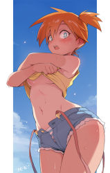Rule 34 | 1girl, blue eyes, blush, breasts, cowboy shot, creatures (company), cutoffs, day, game freak, looking at viewer, medium breasts, misty (pokemon), navel, nintendo, no bra, open clothes, open shorts, orange hair, outdoors, outside border, panties, pokemon, pokemon (anime), pokemon (classic anime), short hair, short shorts, shorts, solo, standing, stomach, striped clothes, striped panties, suspenders, sweat, tan, tanline, ter (otokoter), underboob, underwear, undressing, unzipped, wide hips