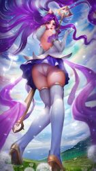 Rule 34 | 1girl, artist name, ass, bare back, blue eyes, blue sky, blush, closed mouth, dated, day, elbow gloves, from behind, from below, gloves, hair ornament, high heels, highres, holding, holding staff, janna (league of legends), knees together feet apart, league of legends, long hair, panties, pleated skirt, purple hair, purple skirt, skirt, sky, staff, standing, star guardian (league of legends), star guardian janna, thighhighs, turewindwalker, underwear, white gloves, white panties, white thighhighs