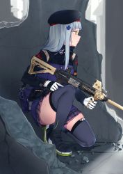 Rule 34 | 1girl, absurdres, assault rifle, black thighhighs, cross, dahadekan, day, full body, german flag, girls&#039; frontline, gloves, green eyes, grey skirt, gun, h&amp;k hk416, hair ornament, hairclip, highres, hk416 (girls&#039; frontline), holding, holding weapon, iron cross, jacket, legs, long hair, long sleeves, looking to the side, magazine (weapon), military jacket, miniskirt, on one knee, outdoors, plaid, plaid skirt, pleated skirt, rifle, ruins, serious, silver hair, skindentation, skirt, solo, squatting, thighhighs, thighs, very long hair, weapon