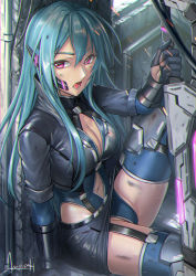 Rule 34 | 1girl, amasaki yusuke, android, artist name, blue hair, breasts, burnt, cleavage, clothing cutout, highres, holding, holding sword, holding weapon, large breasts, long hair, looking to the side, navel, navel cutout, open mouth, original, purple eyes, science fiction, sitting, solo, sword, weapon