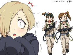Rule 34 | 3girls, :&lt;, ^^^, antimatter weapon, blonde hair, brown hair, cosplay, directed-energy weapon, energy gun, energy weapon, futami ami, futami mami, ghostbusters, goggles, goggles on head, grin, idolmaster, idolmaster (classic), idolmaster cinderella girls, kozou (rifa), multiple girls, open mouth, particle-beam weapon, particle thrower, proton pack, shirasaka koume, short hair, siblings, side ponytail, simple background, sisters, smile, surprised, twins, weapon, white background