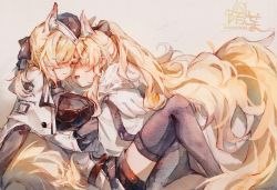 Rule 34 | 2girls, animal ears, arknights, artist name, aunt and niece, black bow, black headwear, black legwear, black ribbon, blemishine (arknights), blonde hair, blush, bow, chinese commentary, commentary request, closed eyes, face-to-face, facing another, hair bow, hair ribbon, hat, highres, horse ears, horse girl, horse tail, incest, long hair, long sleeves, moyu marginal, multiple girls, painting (medium), ponytail, ribbon, tail, thighhighs, traditional media, very long hair, whislash (arknights), yuri