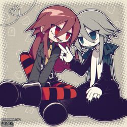 Rule 34 | 2girls, :o, black dress, black footwear, black nails, black ribbon, black shorts, black thighhighs, blue eyes, breasts, chloe (funamusea), colored skin, commission, dress, funamusea, funamusea (artist), grey background, grey hair, hair between eyes, hair ribbon, halftone, hashtag only commentary, heart, heart of string, highres, large breasts, long hair, looking at another, low twintails, met (funamusea), multiple girls, necktie, official art, open mouth, outline, pale skin, patterned background, pointing, pointing at another, red thighhighs, ribbon, shorts, sidelocks, skeb commission, smile, striped clothes, striped thighhighs, thighhighs, twintails, white outline, white skin, yellow necktie, yuri