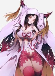 Rule 34 | 1girl, absurdres, bad id, bad pixiv id, black hair, breasts, cleavage, facial mark, fate/extra, fate/extra ccc, fate (series), finger to mouth, fingernails, forehead mark, gradient hair, highres, horns, large breasts, long hair, looking at viewer, multicolored hair, navel, panties, pink hair, pink panties, pink thighhighs, revealing clothes, sessyoin kiara, sideboob, simple background, smile, solo, souike, tassel, thigh gap, thighhighs, underwear, veil, white background, yellow eyes