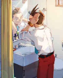 Rule 34 | 1boy, ace attorney, antenna hair, apollo justice, aqua necktie, arms up, bathroom, belt, black belt, bracelet, brown eyes, brown hair, closed mouth, collared shirt, commentary request, cowboy shot, cupboard, expressionless, fingernails, from behind, hairdressing, hands on own head, hi-fi (fijazzy), indoors, jewelry, male focus, mirror, necktie, no vest, pants, red pants, reflection, shirt, short hair, shower curtain, sink, sleeves rolled up, solo, towel rack, trash bin, white shirt, window
