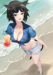 Rule 34 | 1girl, :d, absurdres, animal ears, beach, bikini, bikini under clothes, black hair, blue hawaii, blue shirt, breasts, cat ears, cat girl, cat tail, cleavage, commission, crop top, cup, drinking glass, earrings, eyewear on head, facial mark, final fantasy, final fantasy xiv, front-tie top, green eyes, grey shorts, halterneck, highres, holding, hurricane glass, jewelry, large breasts, looking at viewer, midriff, miqo&#039;te, molyb, navel, open mouth, revision, sand, shirt, short hair, short shorts, short sleeves, shorts, slippers, smile, solo, standing, stomach, string bikini, sunglasses, swimsuit, tail, thighs, tropical drink, v-shaped eyebrows, warrior of light (ff14), water, wet, whisker markings
