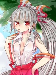 Rule 34 | 1girl, adapted costume, blue sky, blunt bangs, bow, breasts, cigarette, cleavage, cloud, collarbone, dappled sunlight, day, fujiwara no mokou, hair bow, half-closed eye, hand in pocket, highres, hot, ibaraki natou, long hair, looking at viewer, mouth hold, neck, open clothes, open shirt, pants, ponytail, red eyes, red pants, shirt, short hair, silver hair, sky, sleeves rolled up, small breasts, smoke, smoking, solo, sunlight, suspenders, suspenders pull, suspenders slip, sweat, touhou, tree, tree shade, uneven eyes, white shirt