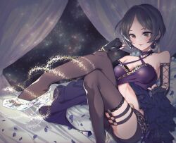 Rule 34 | 1girl, absurdres, bed sheet, black hair, black thighhighs, blush, breasts, cleavage, collarbone, crescent, crescent earrings, earrings, elbow gloves, glass slipper, gloves, hayami kanade, highres, idolmaster, idolmaster cinderella girls, idolmaster cinderella girls starlight stage, jewelry, knees up, looking at object, medium breasts, milky way, parted bangs, partially fingerless gloves, short hair, smile, solo, star (sky), thighhighs, tsukota