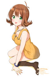 Rule 34 | 1girl, bare arms, boots, bracelet, breasts, brown hair, cleavage, collarbone, final fantasy, final fantasy viii, full body, green eyes, highres, jewelry, krudears, necklace, selphie tilmitt, short hair, sitting, solo, square enix, tongue, tongue out, white background, yellow overalls, zipper