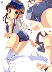 Rule 34 | 1girl, ass, blue bow, blush, bow, brown hair, clenched hands, feet, hair bow, looking at viewer, mariewhite, multiple views, no shoes, school swimsuit, star sapphire, swimsuit, thighhighs, touhou, white thighhighs, wings