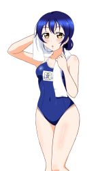 Rule 34 | 1girl, artist request, blue hair, blush, breasts, brown eyes, covered navel, drying, drying hair, hair up, highleg, highleg swimsuit, highres, looking at viewer, love live!, love live! school idol project, medium breasts, one-piece swimsuit, parted lips, school swimsuit, short hair, simple background, solo, sonoda umi, standing, swimsuit, thighs, towel, wet, wet hair, white background