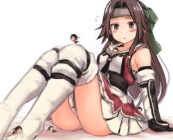 Rule 34 | 6+girls, arm support, bare shoulders, between breasts, black gloves, black hair, black neckwear, blush, breasts, brown eyes, brown hair, dress, elbow gloves, fairy (kancolle), frilled dress, frills, giant, giantess, gloves, green headband, headband, jintsuu (kancolle), kantai collection, long hair, looking at another, medium breasts, multiple girls, parted lips, person between breasts, pleated dress, remodel (kantai collection), sailor collar, simple background, sitting, size difference, solo focus, thighhighs, under another&#039;s clothes, utopia, white background, white legwear