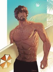 Rule 34 | 1boy, abs, adam&#039;s apple, beard, beard stubble, black hair, brown hair, carlos oliveira, cowboy shot, dark-skinned male, dark skin, ddager dodam, facial hair, hairy, highres, holding, holding surfboard, large pectorals, looking at viewer, male focus, mature male, muscular, muscular male, navel, navel hair, nipples, pectorals, resident evil, short hair, solo, standing, stomach, stubble, surfboard, thick chest hair, thick eyebrows, thick navel hair, topless male, tsurime