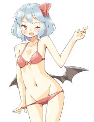 Rule 34 | 1girl, arnest, bikini, bikini pull, black wings, blue hair, blush, bob cut, bow, bow bikini, breasts, clothes pull, commentary, cowboy shot, demon wings, fang, groin, hair bow, looking at viewer, low wings, navel, one eye closed, open mouth, pointy ears, pulling own clothes, red bikini, red bow, red eyes, remilia scarlet, simple background, skin fang, small breasts, smile, solo, standing, sweatdrop, swimsuit, touhou, white background, wings