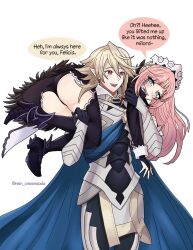 Rule 34 | 1boy, 1girl, ankle boots, armor, ass, blonde hair, blue eyes, blush, boots, bridal gauntlets, cape, carrying, carrying over shoulder, carrying person, corrin (fire emblem), corrin (male) (fire emblem), english text, felicia (fire emblem), fire emblem, fire emblem fates, from behind, headdress, high heel boots, high heels, long hair, maid, maid headdress, nintendo, open mouth, panties, pink hair, pointy ears, red eyes, rein creamsoda, short hair, skirt, smile, thighhighs, underwear, very long hair