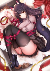 Rule 34 | 1girl, animal ears, ass, black hair, blush, bound, bound legs, box, collar, highres, in box, in container, leash, loafers, long hair, looking at viewer, lying, mafuyu (kanden shoujyo), on side, original, shoes, skirt, solo, tail, thighhighs, valentine, wolf ears, wolf girl, wolf tail, yellow eyes