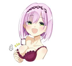 Rule 34 | 1girl, :d, bare shoulders, blush, bob cut, bra, bra pull, breasts, cleavage, clothes pull, collarbone, commentary, cropped torso, eyes visible through hair, fang, frilled bra, frills, green eyes, hair between eyes, happy, highres, looking at viewer, medium breasts, mesugaki, nipple slip, nipples, notice lines, nzuwaiganin, open mouth, pink hair, pulled by self, red bra, short hair, simple background, smile, solo, sound effects, speech bubble, straight hair, strap slip, tanikaze amane, tenshi souzou re-boot!, tsurime, underwear, upper body, white background