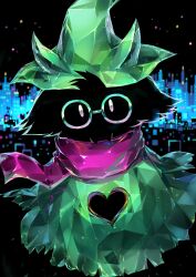 Rule 34 | 1boy, animal ears, black fur, bright pupils, city, commentary, deltarune, furry, furry male, glasses, goat, green horns, green robe, hat, heart, heart-shaped hole, highres, horns, iridescent, male focus, night, night sky, outdoors, purple scarf, ralsei, robe, round eyewear, scarf, sky, skyline, solo, upper body, witch hat, youko-shima