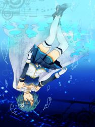 Rule 34 | 10s, 1girl, blue hair, boots, cape, closed eyes, fortissimo, gloves, hair ornament, hairclip, isayoshi, magical girl, mahou shoujo madoka magica, mahou shoujo madoka magica (anime), mahou shoujo madoka magica movie 1 &amp; 2, miki sayaka, musical note, musical note hair ornament, pleated skirt, short hair, skirt, solo, thighhighs, underwater, upside-down
