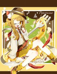 Rule 34 | 1girl, animal ears, bare legs, bell, belt, blonde hair, boots, braid, breasts, fang, fedora, food, fork, garlic, glasses, hat, high heel boots, high heels, highres, jacket, jingle bell, long hair, long sleeves, one eye closed, open mouth, original, pasta, pepper, plate, pleated skirt, saijo1201, sidelocks, sitting, skirt, small breasts, solo, tail, twitter username, yellow eyes