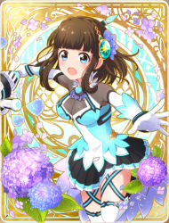 Rule 34 | 1girl, asahina kokomi, battle girl high school, black hair, blue eyes, breasts, card (medium), cleavage, flower, gem, hair ornament, leg up, looking to the side, medium hair, official art, open mouth, petals, polearm, solo, spear, thighhighs, weapon, white background