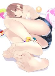 Rule 34 | 1girl, ama mitsuki, anklet, ass, ball, barefoot, beachball, bikini, bikini under clothes, blush, bracelet, breasts, brown eyes, brown hair, closed mouth, commentary request, denim, denim shorts, feet, foot focus, foreshortening, groin, jewelry, lips, looking at viewer, lotion, lying, medium breasts, mole, mole on ass, mole under eye, on side, original, short hair, short shorts, shorts, simple background, skindentation, soles, solo, swimsuit, thighs, toes, upshorts, water gun, white background, white bikini