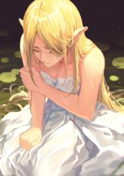 Rule 34 | 1girl, blonde hair, collarbone, crying, dress, highres, long hair, nintendo, off-shoulder dress, off shoulder, official alternate costume, outdoors, parted bangs, pointy ears, princess zelda, solo, tears, the legend of zelda, the legend of zelda: breath of the wild, werlosk, white dress
