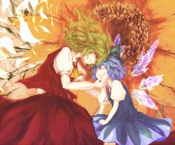 Rule 34 | 2girls, blue eyes, blue hair, child, cirno, flower, forehead-to-forehead, friends, green hair, heads together, height difference, kazami yuuka, multiple girls, red eyes, short hair, smile, sunflower, touhou, wings, yoss 3