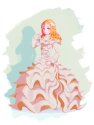 Rule 34 | 1girl, blush, border, closed mouth, dress, female focus, flat chest, forehead, frilled dress, frilled sleeves, frills, full body, hand to own mouth, hand up, happy, jewelry, light blush, long hair, long sleeves, looking at viewer, matching hair/eyes, necklace, orange eyes, orange hair, original, pearl hair ornament, pearl necklace, ringlets, sidelocks, smile, solo, standing, starfish hair ornament, uroko (rwde4544), white border, white dress