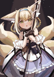 Rule 34 | 1girl, absurdres, animal ear fluff, animal ears, arknights, arm cuffs, black background, black gloves, blonde hair, blue hairband, blue skirt, blush, commentary, cowboy shot, dot nose, dress, fox ears, fox girl, frilled skirt, frills, gloves, hair rings, hairband, highres, holding, holding staff, kitsune, madara jya, multiple tails, pantyhose, pleated skirt, pouch, sidelocks, simple background, single glove, skirt, smile, solo, staff, suzuran (arknights), tail, white dress, yellow eyes