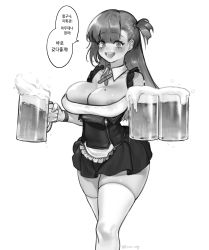 Rule 34 | 1girl, alcohol, areola slip, beer, beer mug, blush, breasts, cup, detached collar, dress, eonsang, g28 (beer ranch) (girls&#039; frontline), g28 (girls&#039; frontline), girls&#039; frontline, greyscale, highres, holding, holding cup, large breasts, long hair, looking at viewer, mole, mole under eye, monochrome, mug, official alternate costume, open mouth, simple background, skindentation, solo, speech bubble, teeth, thighhighs, translation request, upper teeth only, white background