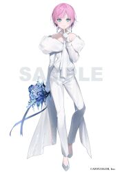 Rule 34 | 1girl, aqua eyes, bare shoulders, blush, bouquet, bride, closed mouth, earrings, finger to mouth, flower, formal, full body, gloves, highres, holding, holding bouquet, index finger raised, jewelry, looking at viewer, miwano rag, neckerchief, nijisanji, off shoulder, official alternate costume, official art, pant suit, pants, pink hair, sample watermark, short hair, shushing, solo, suit, virtual youtuber, watermark, white footwear, white gloves, white neckerchief, white pants, yuuhi riri