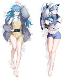 Rule 34 | 1girl, alternate costume, arm up, bare legs, barefoot, blue eyes, blue hair, blue nails, blue shirt, blue shorts, breasts, character doll, closed mouth, collarbone, dakimakura (medium), eredhen, feet, from above, from side, full body, glasses, grey jacket, hair between eyes, hand up, highres, holding, hololive, hood, hood up, hoshimachi suisei, hoshimachi suisei (1st costume), hoshimachi suisei (school uniform), jacket, legs, long hair, long sleeves, looking at viewer, lying, midriff, multiple views, nail polish, navel, nintendo switch, off shoulder, on back, on side, orange nails, puffy sleeves, shiny skin, shirt, shorts, side ponytail, sidelocks, small breasts, smile, star (symbol), star print, tank top, thighs, toenail polish, toenails, toes, virtual youtuber, yellow shorts, yellow tank top