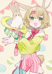 Rule 34 | 1boy, absurdres, animal, animal ears, bow, bowtie, brown hair, commentary, detached sleeves, green eyes, hair ornament, hat, highres, holding, holding clothes, holding hat, long sleeves, looking at viewer, male focus, off-shoulder shirt, off shoulder, open mouth, original, pantyhose, rabbit, rabbit ears, rabbit girl, rabbit tail, shirt, short hair, shorts, smile, striped clothes, striped shorts, symbol-only commentary, tail, unworn hat, unworn headwear, uzuki (pixiv22658999)