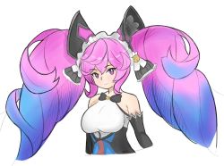 Rule 34 | 1girl, bad id, bad twitter id, bare shoulders, bell, black bow, blue hair, blunzed, bow, bowtie, breasts, cleo (dragalia lost), closed mouth, commentary, cropped torso, detached sleeves, dragalia lost, expressionless, frilled bow, frills, gradient hair, hair bow, large breasts, looking at viewer, maid headdress, multicolored hair, purple eyes, purple hair, simple background, solo, twintails, upper body, white background