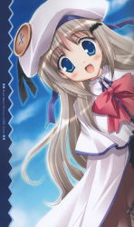 Rule 34 | 1girl, beret, blue eyes, blush, bow, buttons, cape, happy, hat, ikegami akane, little busters!, long hair, noumi kudryavka, pink bow, ribbon, silver hair, smile, solo