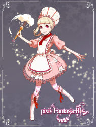 Rule 34 | apron, blonde hair, blush, boots, cream, dress, face, gigandal federation, hat, patterned legwear, pink eyes, pixiv fantasia, pixiv fantasia 3, shoes, smile, solo, striped clothes, striped thighhighs, thighhighs, toshi punk, two-tone stripes, whisk, white footwear
