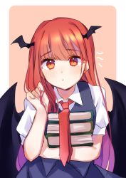 Rule 34 | 1girl, :o, absurdres, aiko ichigocchi, bat wings, black skirt, black vest, blush, book, book stack, commentary request, hand up, head wings, highres, holding, holding book, holding hair, koakuma, long hair, looking at viewer, necktie, pink background, red eyes, red hair, red necktie, simple background, skirt, solo, touhou, upper body, vest, wings