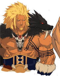 Rule 34 | 1boy, animal skull, arm tattoo, bara, bare pectorals, blonde hair, bwanga, chest tattoo, cropped torso, dungeon and fighter, facial hair, frown, goatee, jewelry, large pectorals, long hair, looking at another, male focus, mature male, muscular, muscular male, necklace, nikism, nipples, pectorals, scar, scar across eye, skull necklace, solo focus, tattoo, tribal, veins, veiny arms