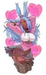 Rule 34 | 1girl, absurdres, animal ears, arms behind head, arms up, artist name, warrior of light (ff14), belt, blue hair, breasts, brown thighhighs, cascanor (artist), collar, commentary, dark-skinned female, dark skin, english commentary, final fantasy, final fantasy xiv, freckles, garter straps, hat, heart, highres, large breasts, long hair, long sleeves, metal collar, military hat, one eye closed, pink shirt, rabbit ears, rabbit girl, red eyes, shirt, skirt, smile, solo, sparkle, thighhighs, viera