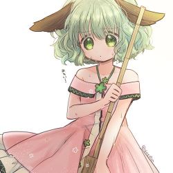 Rule 34 | 1girl, adapted costume, animal ears, bamboo broom, bare shoulders, biyon, broom, commentary request, dress, green eyes, green hair, holding, holding broom, hot, kasodani kyouko, lowres, off-shoulder dress, off shoulder, pink dress, short hair, simple background, solo, sweat, touhou, twitter username, upper body, white background