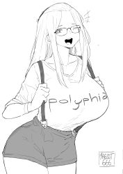 Rule 34 | +++, 1girl, absurdres, artist name, bangs pinned back, breasts, casual, cowboy shot, facing viewer, glasses, greyscale, group name, hair pulled back, happy, highres, huge breasts, inne sulistya robin, legs together, long hair, looking at viewer, monochrome, norman maggot, one eye closed, original, polyphia (band), short shorts, shorts, sidelocks, simple background, smile, solo, standing, suspenders, white background, wink